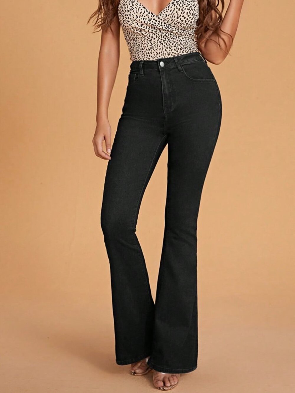 Black Casual Women's High Waist Button Zip Fly Regular Fit Flare Jeans Pants